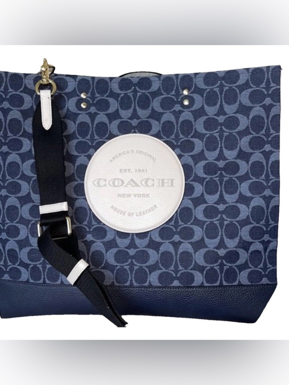 Coach Navy Signature Canvas Tote with White Trim and Black Strap - Picture 2 of 5